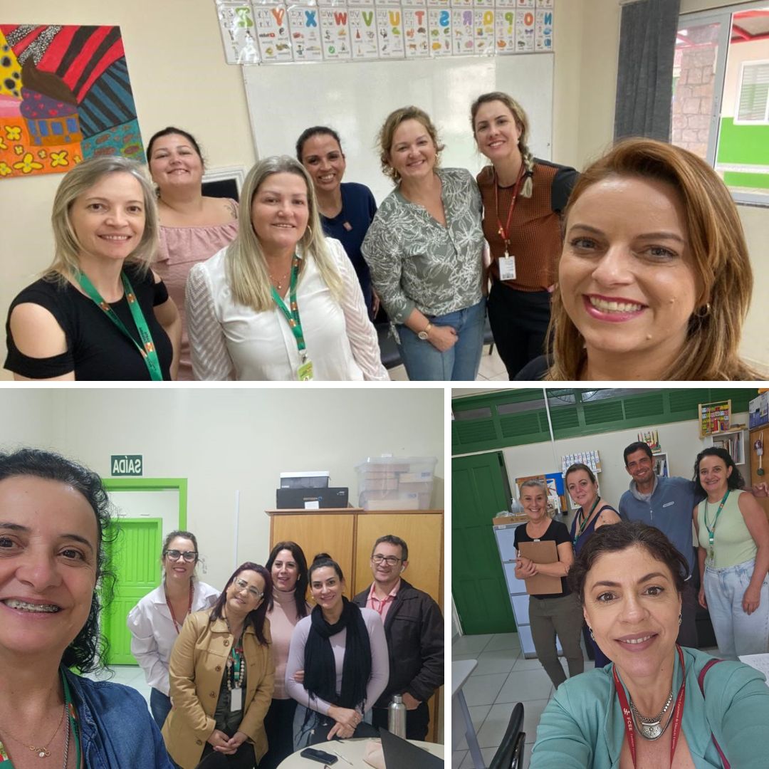 montagem com 3 fotos de pessoas posando para fotos em salas de aula