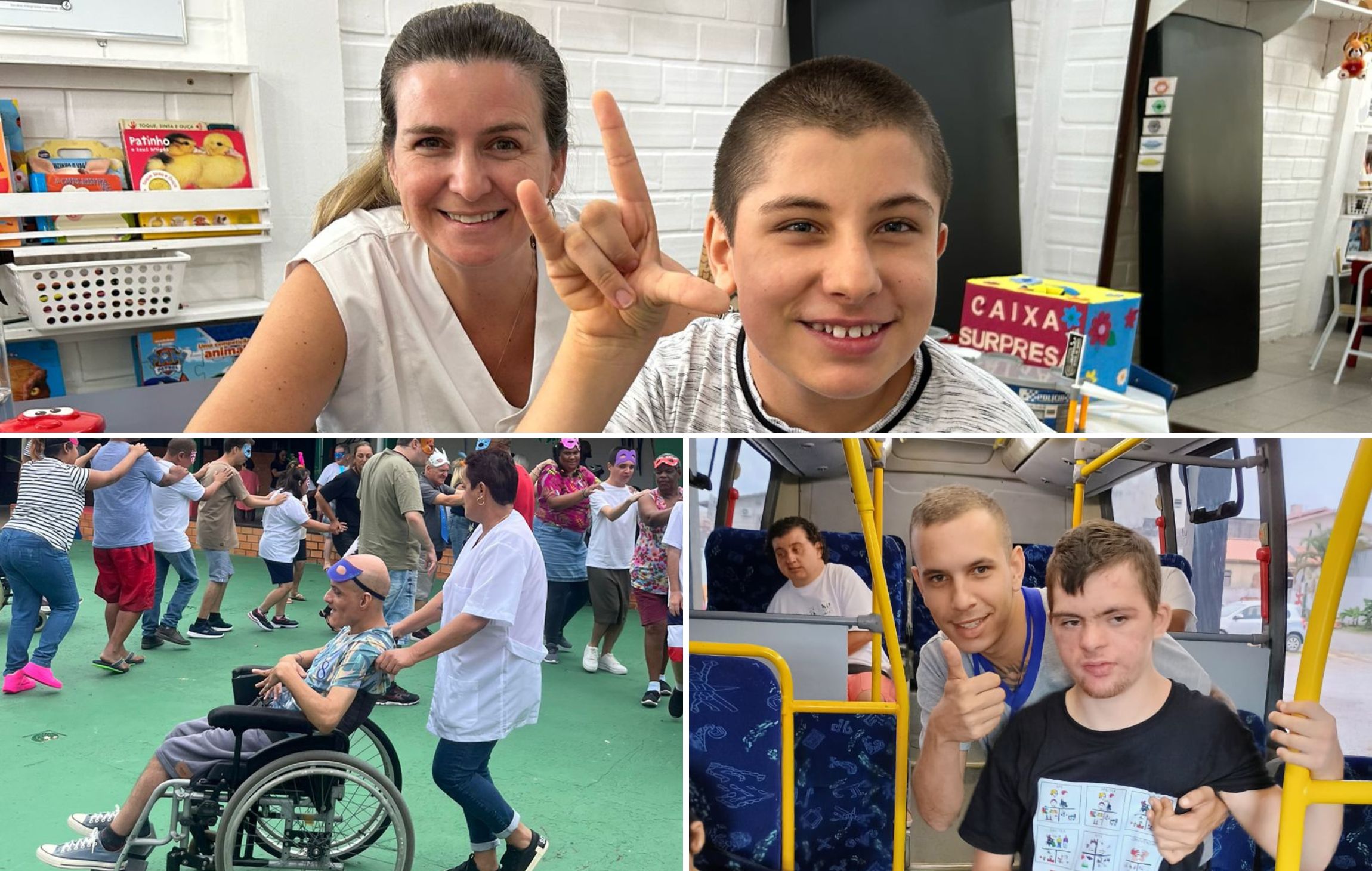 montagem de 3 fotos, acima 1 aluno e uma professora posando para foto sorrino, abaixo professor dança com aluno em cadeira de rodas, e ao lado professor e aluno dentro de ônibus posam para foto