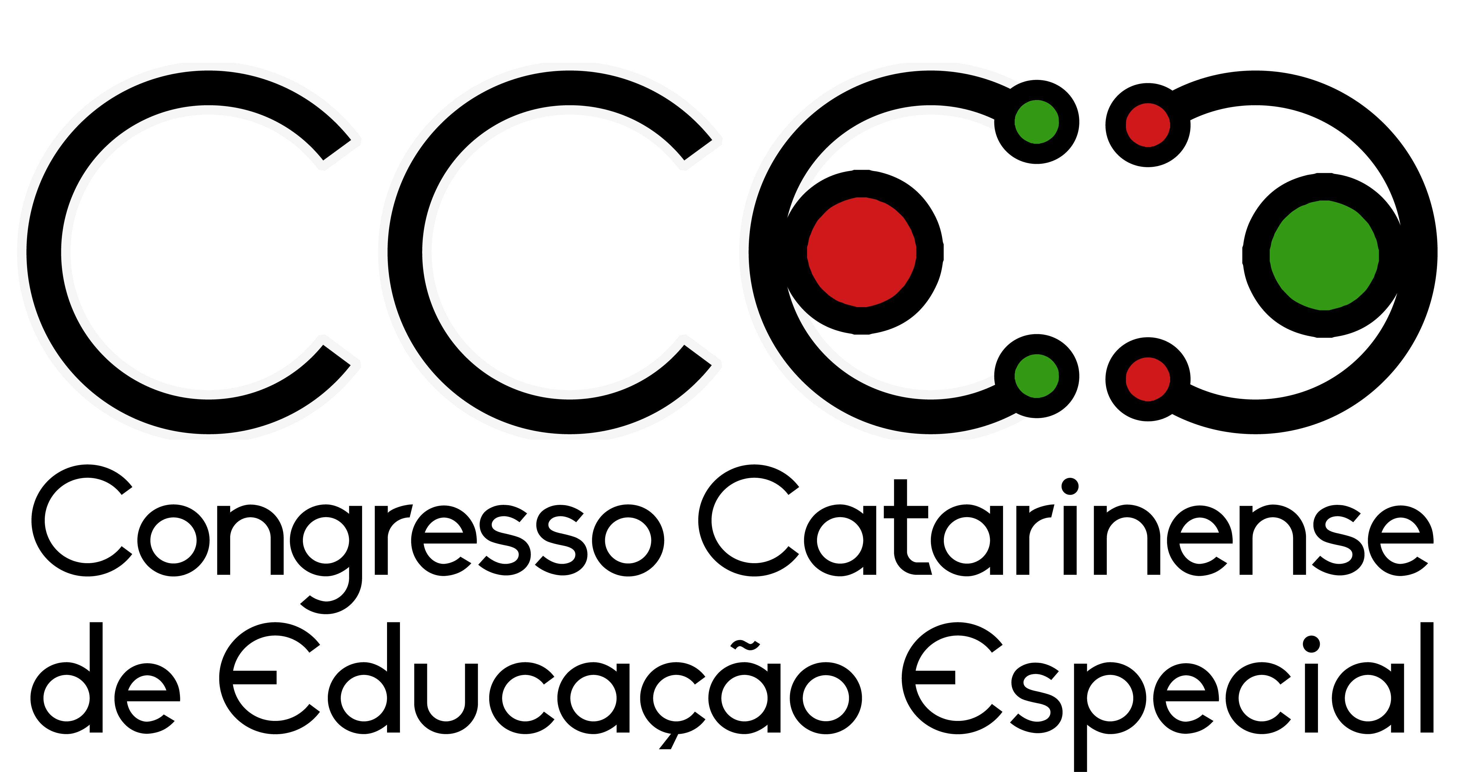 Logomarca do Congresso Catarinense de Educação Especial - A logo do evento é composta pelas letras CCEE, na cor preta, todas em maiúsculo, em fundo branco. Sendo que as duas letras “E” estão dispostas uma de frente para a outra, representando duas pessoas vistas de cima de braços abertos. Há dois pontos em verde na extremidade da primeira letra “E”, representando as mãos e um ponto vermelho no centro representando a cabeça. Na segunda letra “E”, as cores se invertem, um ponto verde representando a cabeça e os pontos vermelhos representando as mãos. Logo abaixo está escrito em preto sobre um traço: Congresso Catarinense de Educação Especial. Já abaixo do traço se lê: 9 a 11 de setembro de 2019 – Florianópolis – SC.