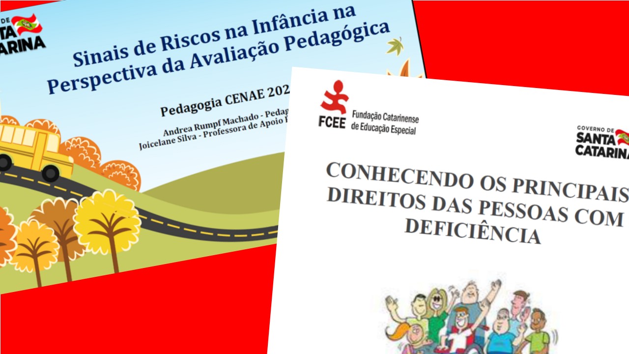 Montagem com as capas dos livros “Sinais de riscos na infância na perspectiva da avaliação pedagógica” e “Conhecendo os principais direitos das pessoas com deficiência”