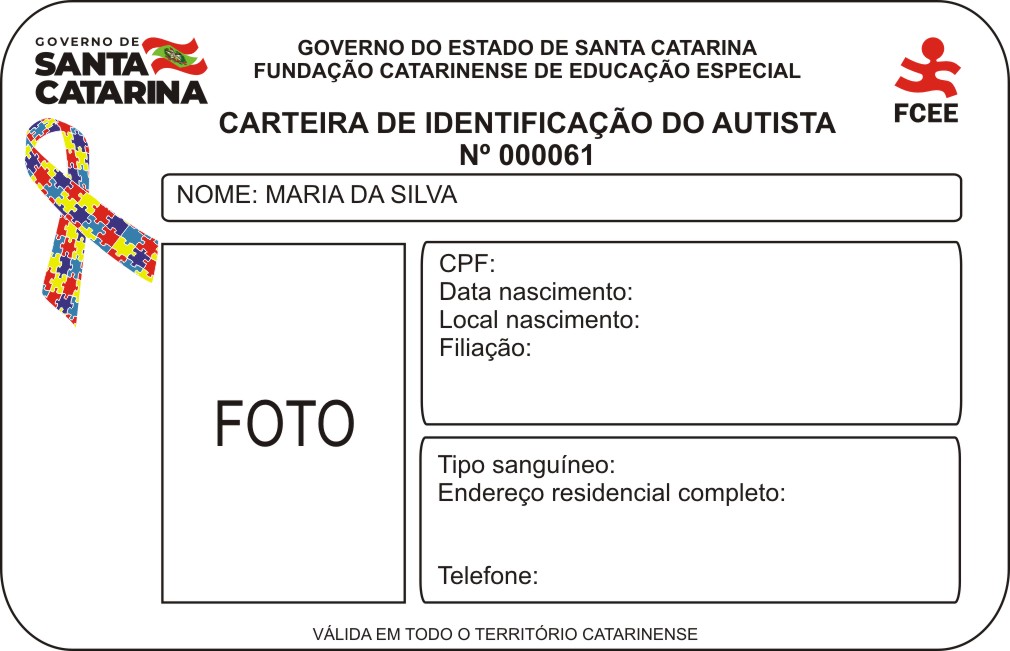 Modelo da Carteira de Identificação do Autista em Santa Catarina