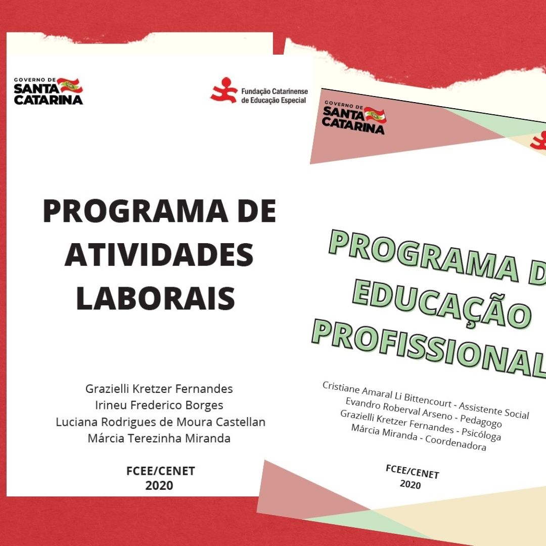 Montagem com duas capas de livro com fundo branco e os textos: Governo de Santa Catarina Fundação Catarinense de Educação Especial - “Programa de Educação Profissional (PROEP)” -  Cristiane Amaral Li Bittencourt, Evandro Roberval Arseno, Grazielli Kretzer Fernandes e Márcia Miranda / Governo de Santa Catarina Fundação Catarinense de Educação Especial -“Programa de Atividades Laborais (PROAL)”- Grazielli Kretzer Fernandes, Irineu Frederico Borges, Luciana Rodrigues de Moura Castellan e Márcia Terezinha Miranda.  