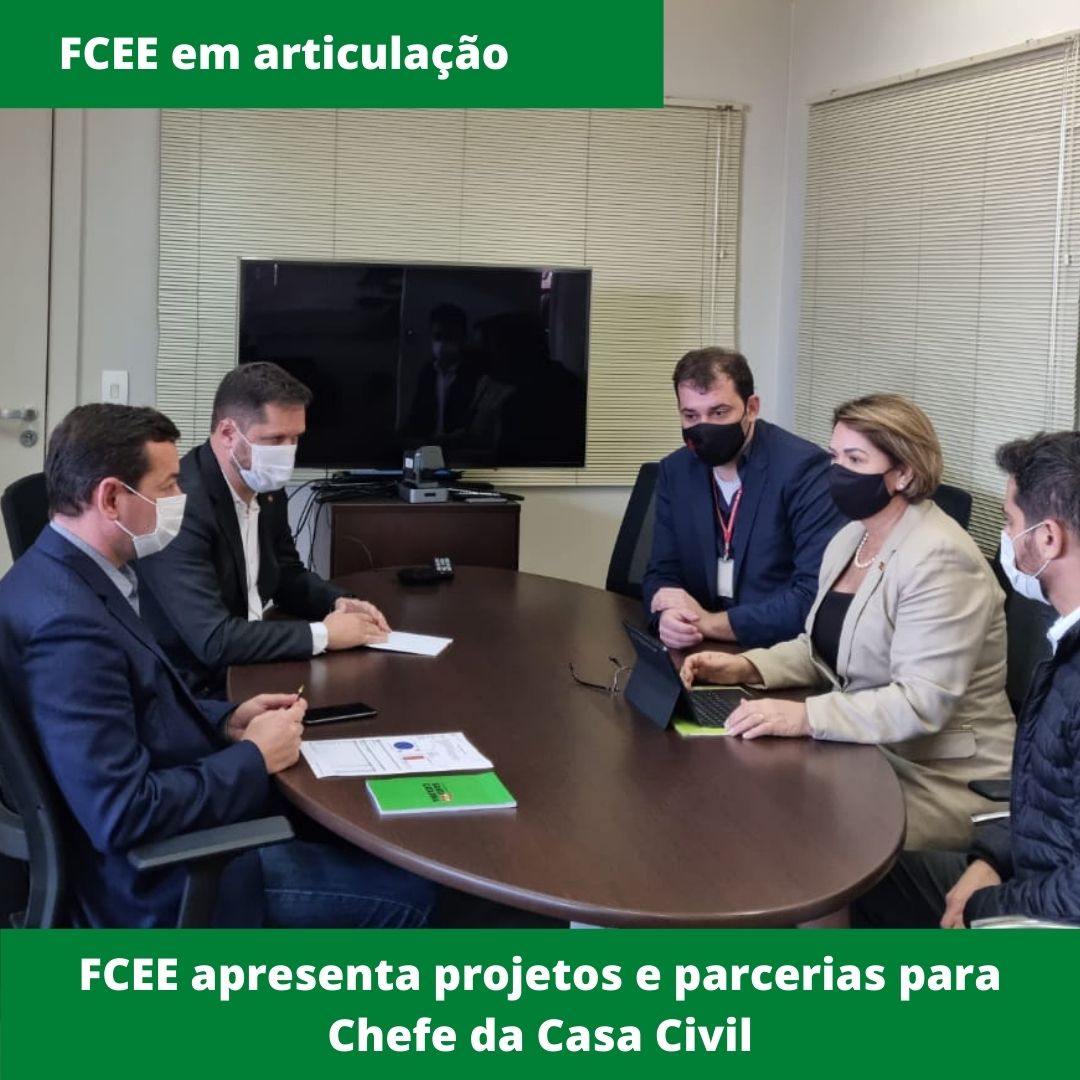 Imagem de cinco pessoas em volta de mesa, ambiente interno, escritório, e o texto: FCEE em articulação: FCEE apresenta projetos na Casa CivilFCEE apresenta projetos e parcerias para Chefe da Casa Civil