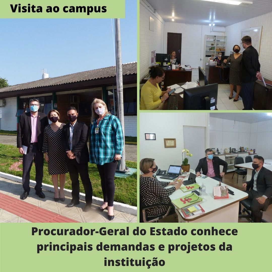 Montagem com fotos de pessoas ao ar livre e em salas internas e texto - Visita ao campus