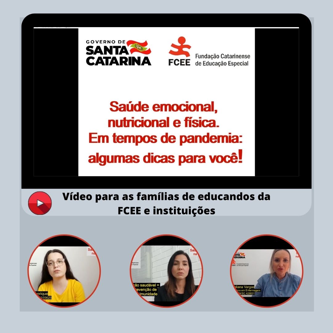 Cartaz com texto e fotos de 3 mulheres: Saúde emocional, nutricional e física. Em tempos de pandemia: algumas dicas pra você! Canal da FCEE no YouTube