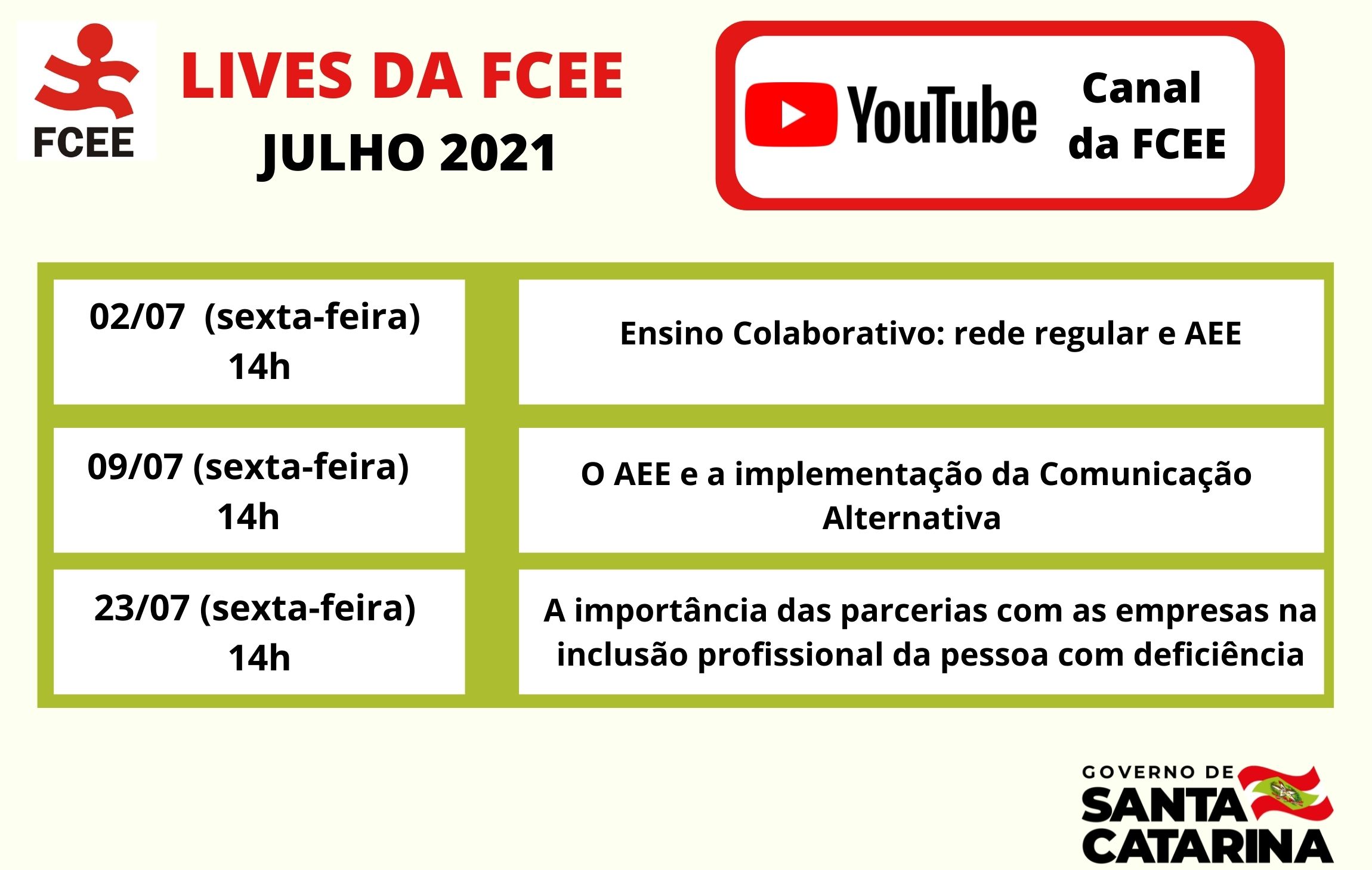 Cartaz com retratos de 3 pessoas e o texto: Live da FCEE Canal do Youtube – 02 de julho às 14h - Ensino Colaborativo: rede regular e AEE, Daiane Duarte educadora especial (Intervenção Precoce – Transtorno do Espectro Autista), Lívia Ferreira (AEE - Transtorno do Espectro Autista), mediadora: pedagoga e coordenadora do CENAP, Mariele Finatto. 