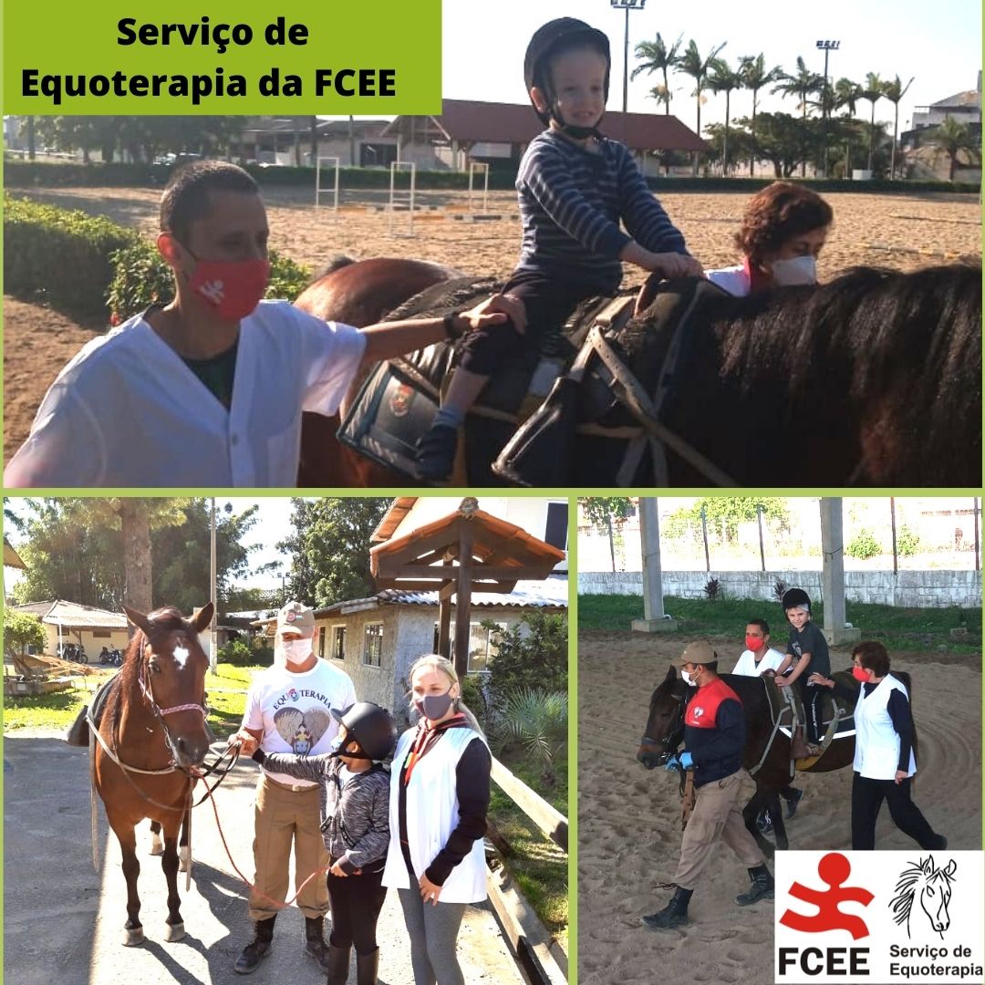 Montagem com 3 fotos de crianças sobre cavalos em ambiente aberto com pessoas com jaleco branco ao lado. Crianças sorrindo. E texto: Serviço de Equoterapia da FCEE