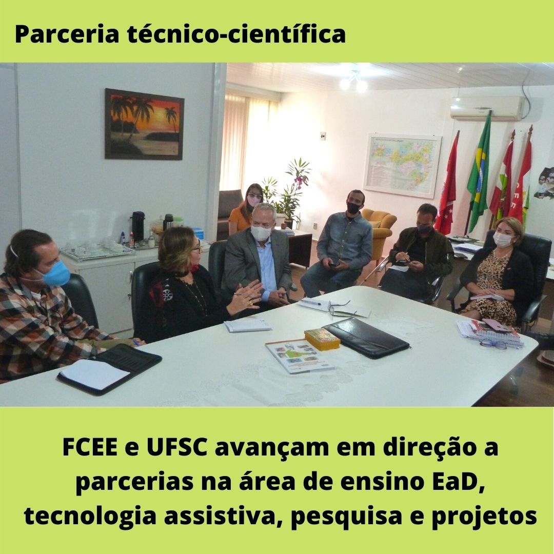 Mesa de reuniões, dez pessoas sentadas, bandeiras ao fundo, e texto: Parceria Técnico-Científica