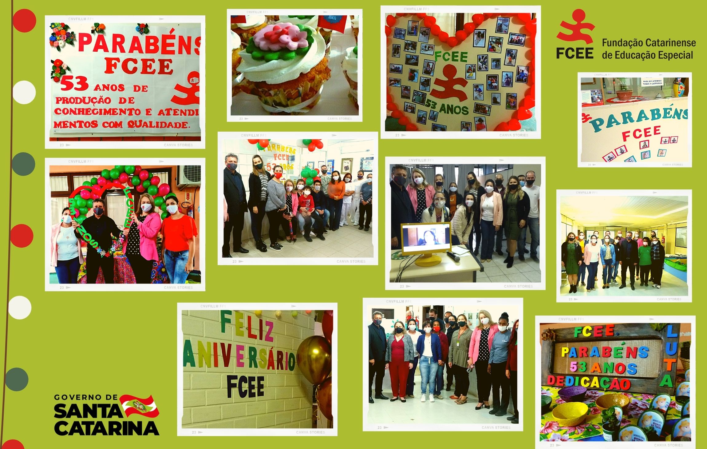 Cartaz com fundo verde, montagem com diversas fotos que retratam festas em ambientes internos, balões, grupos de pessoas com máscara posando para foto, cartazes com mensagens de Feliz Aniversário FCEE, cupcake colorido em formato de flor. 