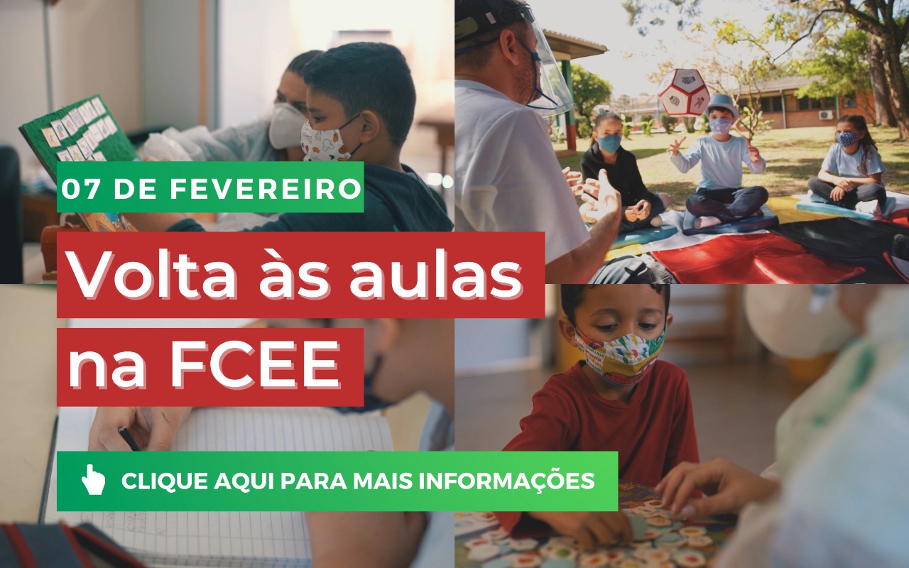 Montagem com 4 imagens de atendimentos com o texto: 07 de fevereiro. Volta às aulas na FCEE.