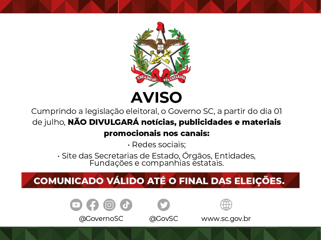 Cumprindo a legislação eleitoral, a Fundação Catarinense de Educação Especial informa que, a partir do dia 01 de julho, não divulgará notícias, publicidades e materiais promocionais nos seus canais nas Redes Sociais e no site da instituição, seguindo as normas da Secretaria de Comunicação do Governo do Estado de Santa Catarina. Este comunicado é válido até o final das eleições deste ano. 