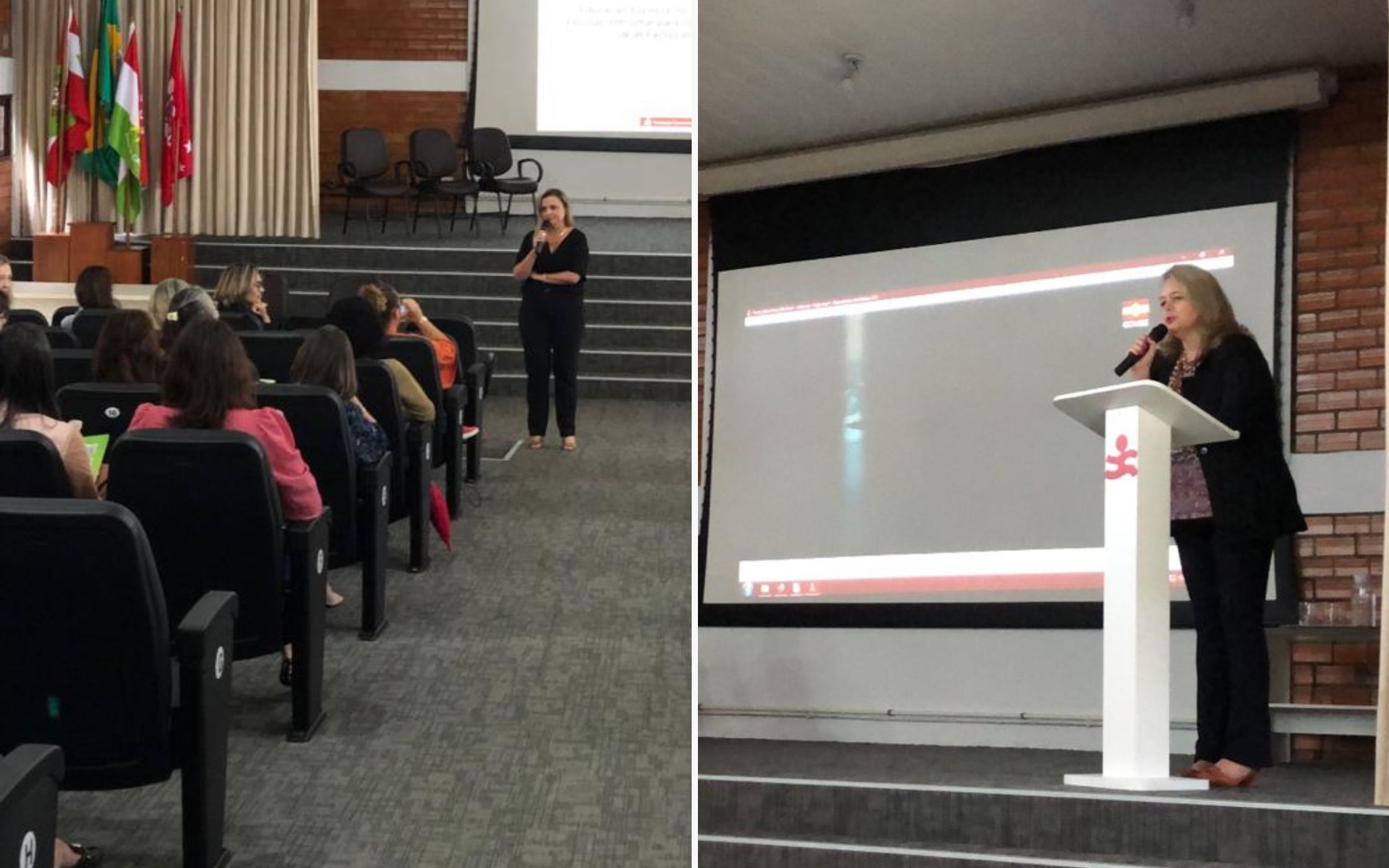 Montagem com duas fotos, cada uma com uma mulher falando ao microfone em palco de auditório e algumas pessoas na plateia