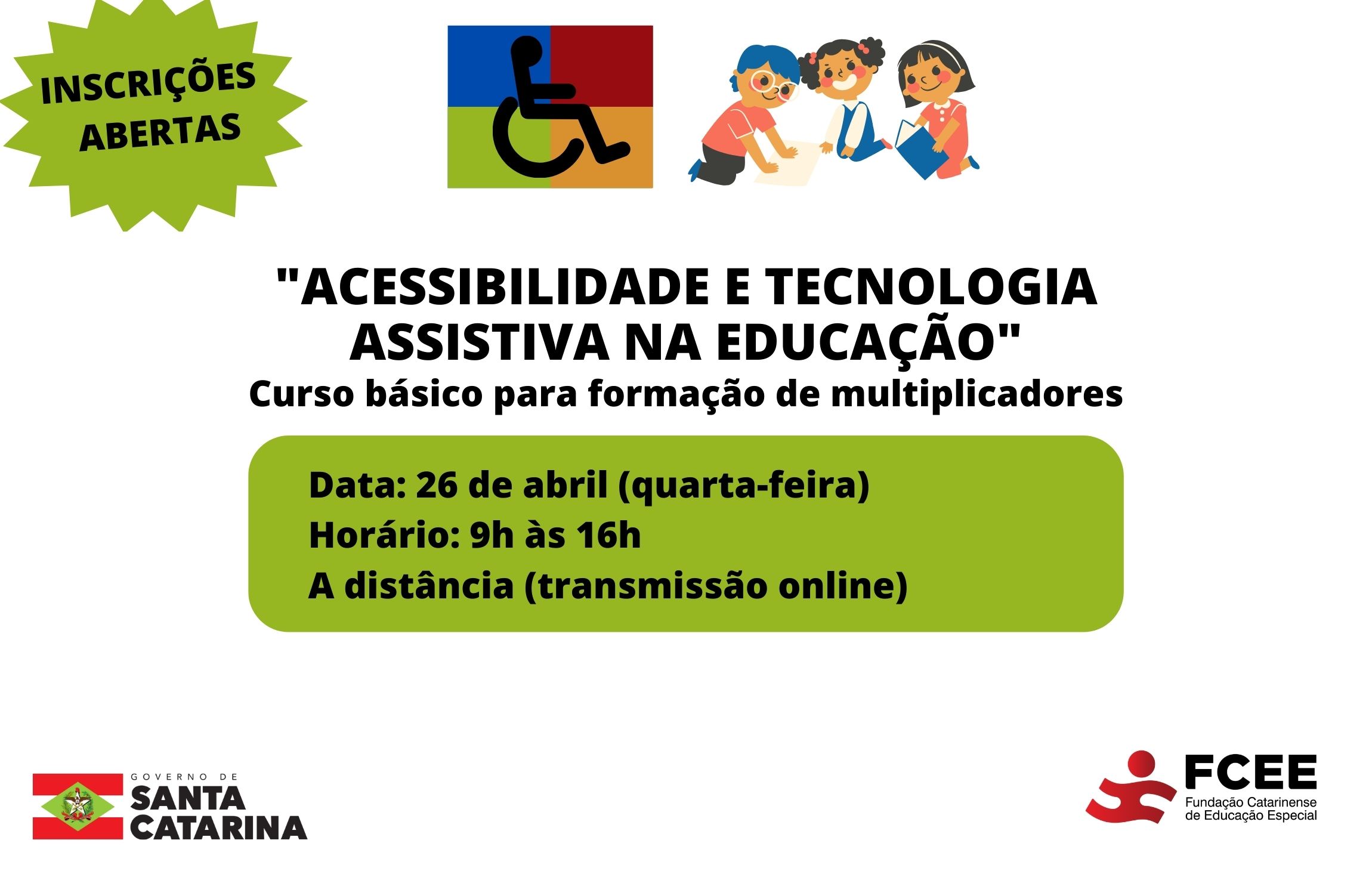 Imagem com texto "Acessibilidade e tecnologia assistiva na educação" - curso com inscrições abertas